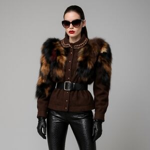 Vintage 80s Belldini Angora Fur Trim Cardigan Sweater Beaded Pearl Collar L